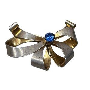 Vintage Coro Sterling Blue Sapphire Glass Rhinestone Ribbon Bow Brooch Pin